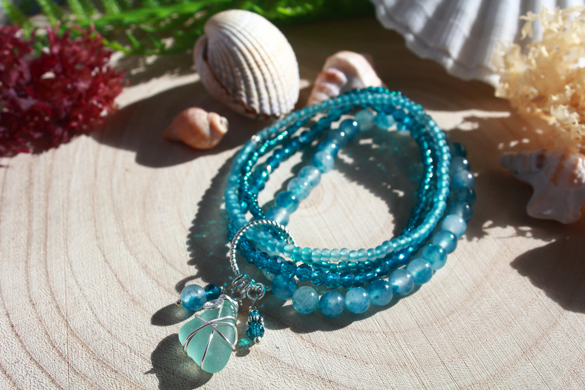 Deep Blue Beaded Stretch Sea Glass Bracelet , Boho Irish Jewellery
