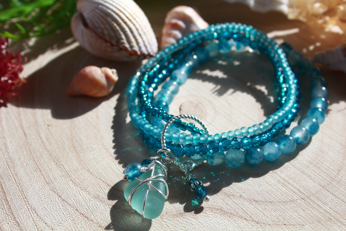 Deep Blue Beaded Stretch Sea Glass Bracelet , Boho Irish Jewellery