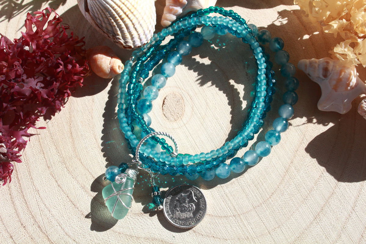 Deep Blue Beaded Stretch Sea Glass Bracelet , Boho Irish Jewellery