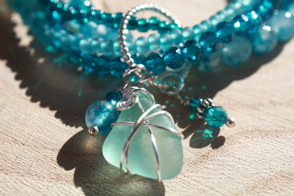 Deep Blue Beaded Stretch Sea Glass Bracelet , Boho Irish Jewellery