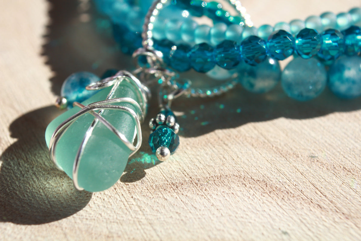 Deep Blue Beaded Stretch Sea Glass Bracelet , Boho Irish Jewellery