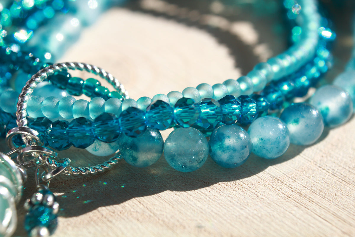 Deep Blue Beaded Stretch Sea Glass Bracelet , Boho Irish Jewellery