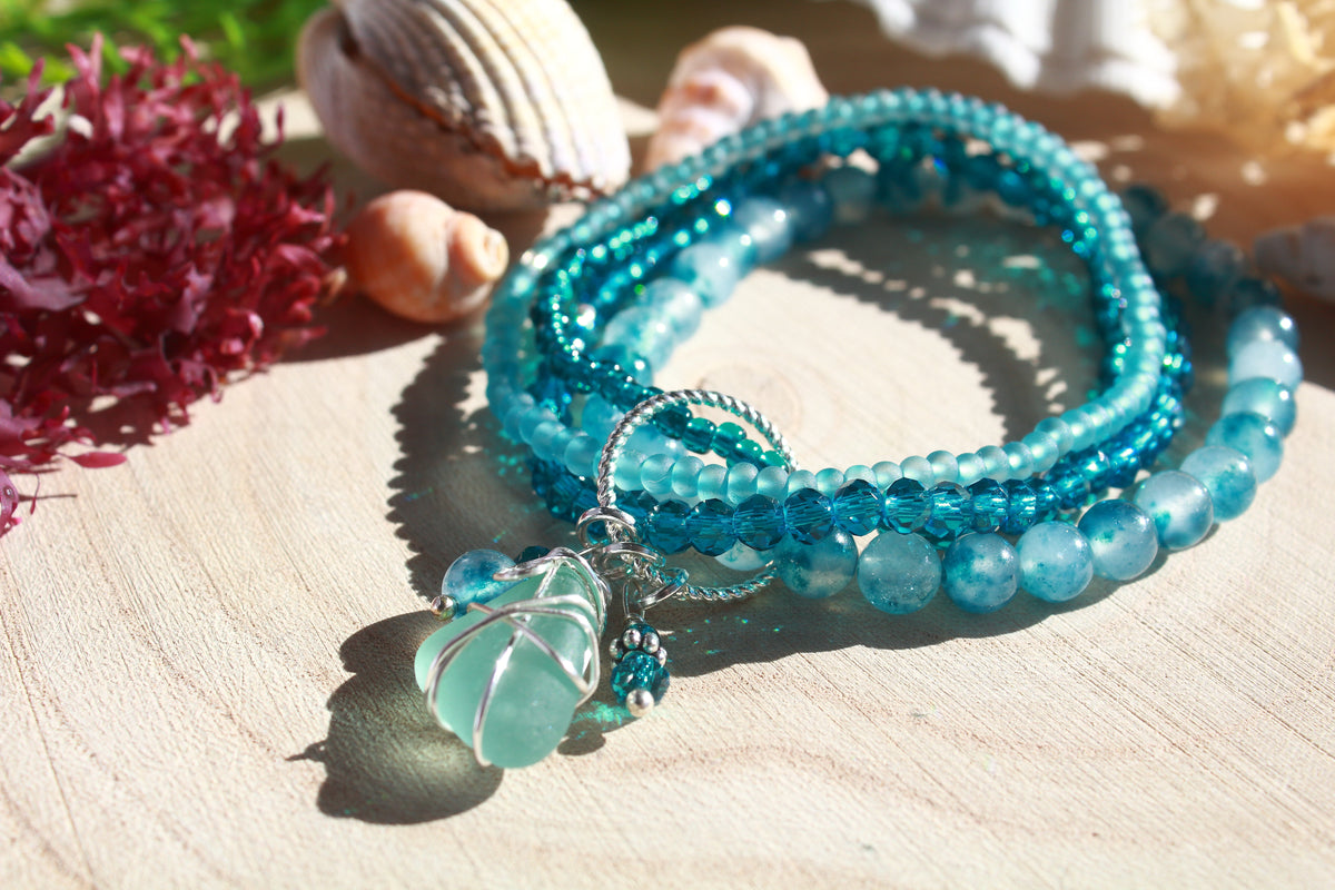 Deep Blue Beaded Stretch Sea Glass Bracelet , Boho Irish Jewellery