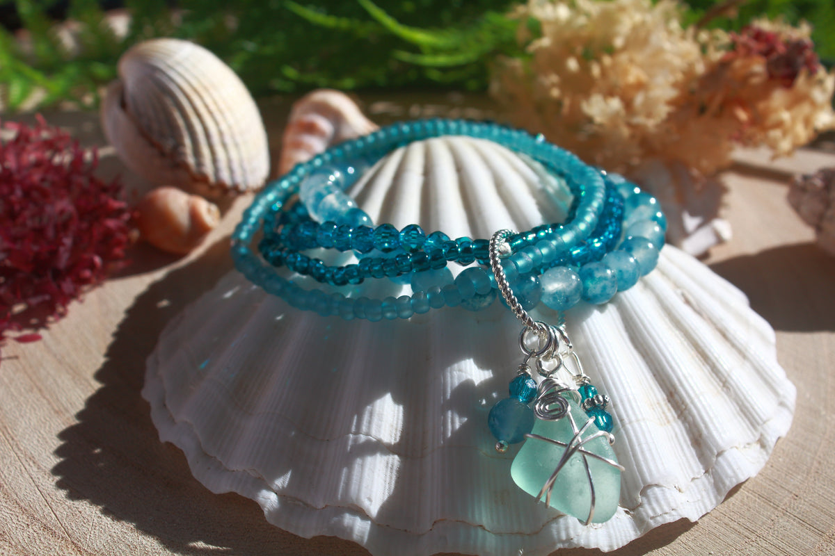 Deep Blue Beaded Stretch Sea Glass Bracelet , Boho Irish Jewellery