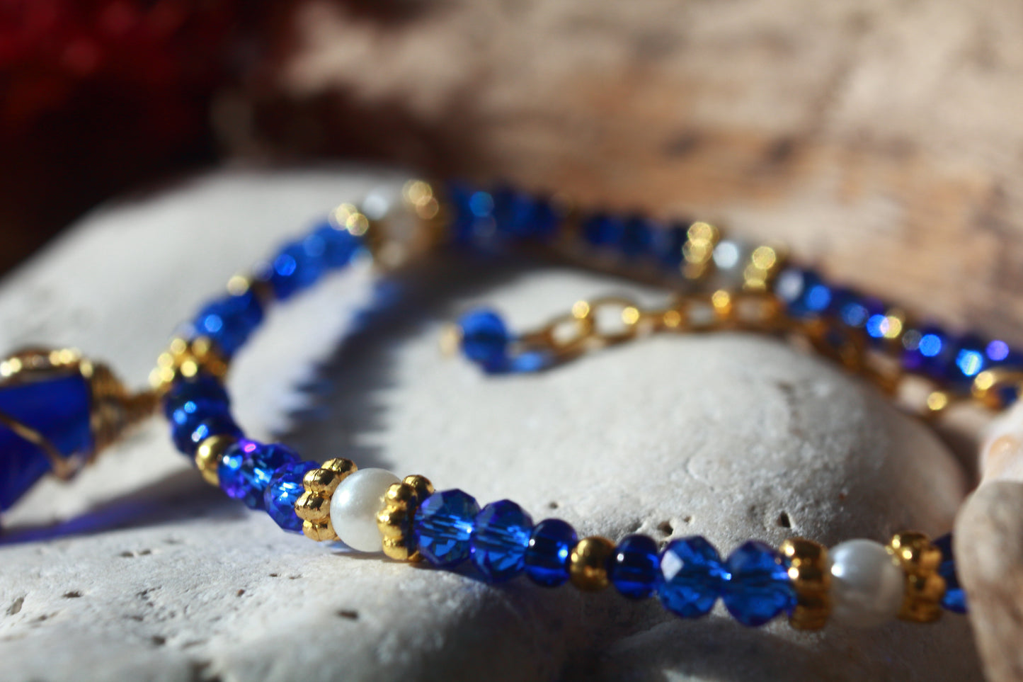 Sapphire Blue Beaded Pearl Sea Glass Gold Bracelet