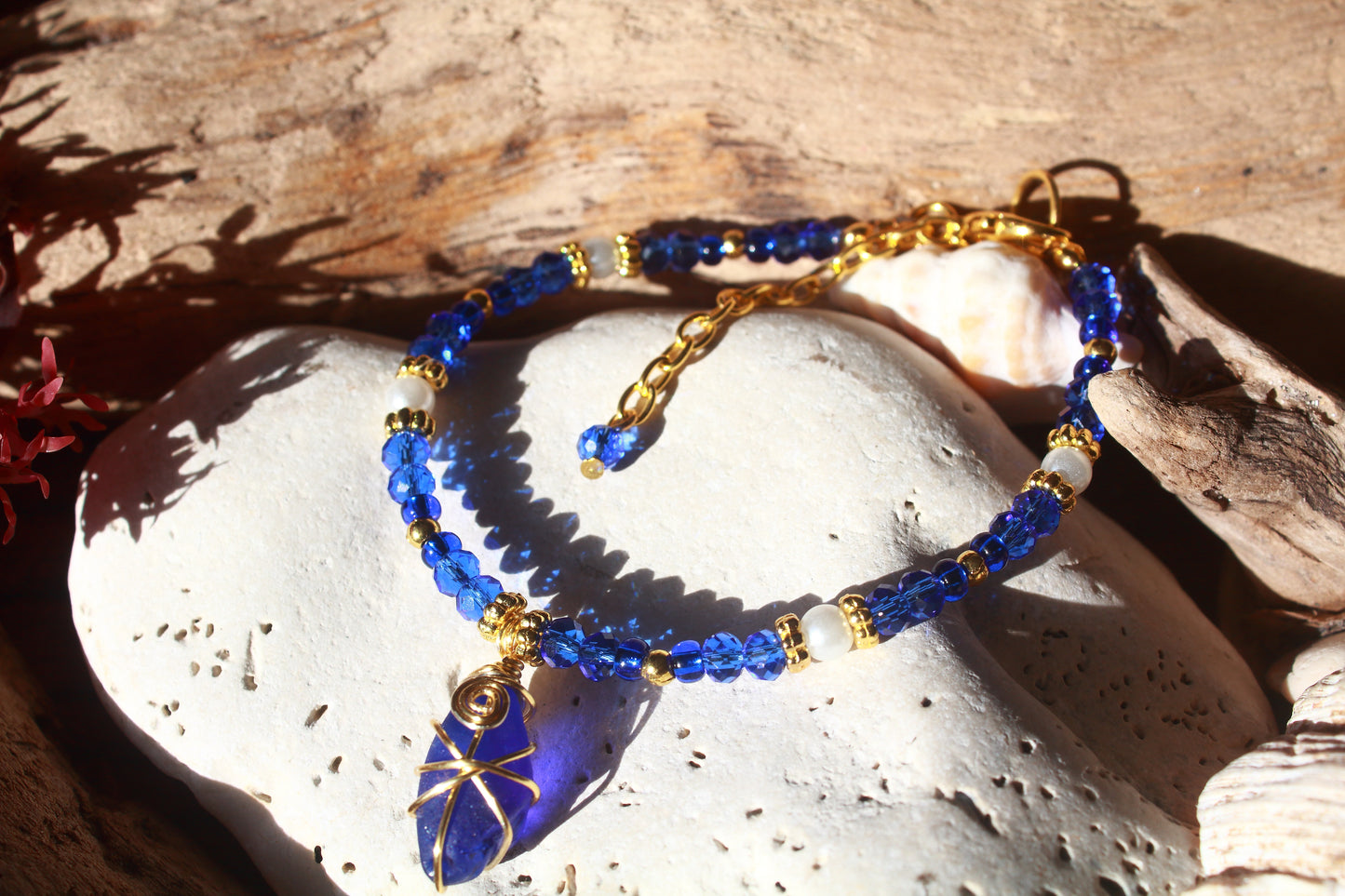 Sapphire Blue Beaded Pearl Sea Glass Gold Bracelet