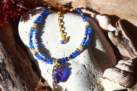 Sapphire Blue Beaded Pearl Sea Glass Gold Bracelet