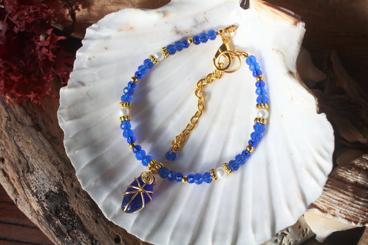 Sapphire Blue Beaded Pearl Sea Glass Gold Bracelet