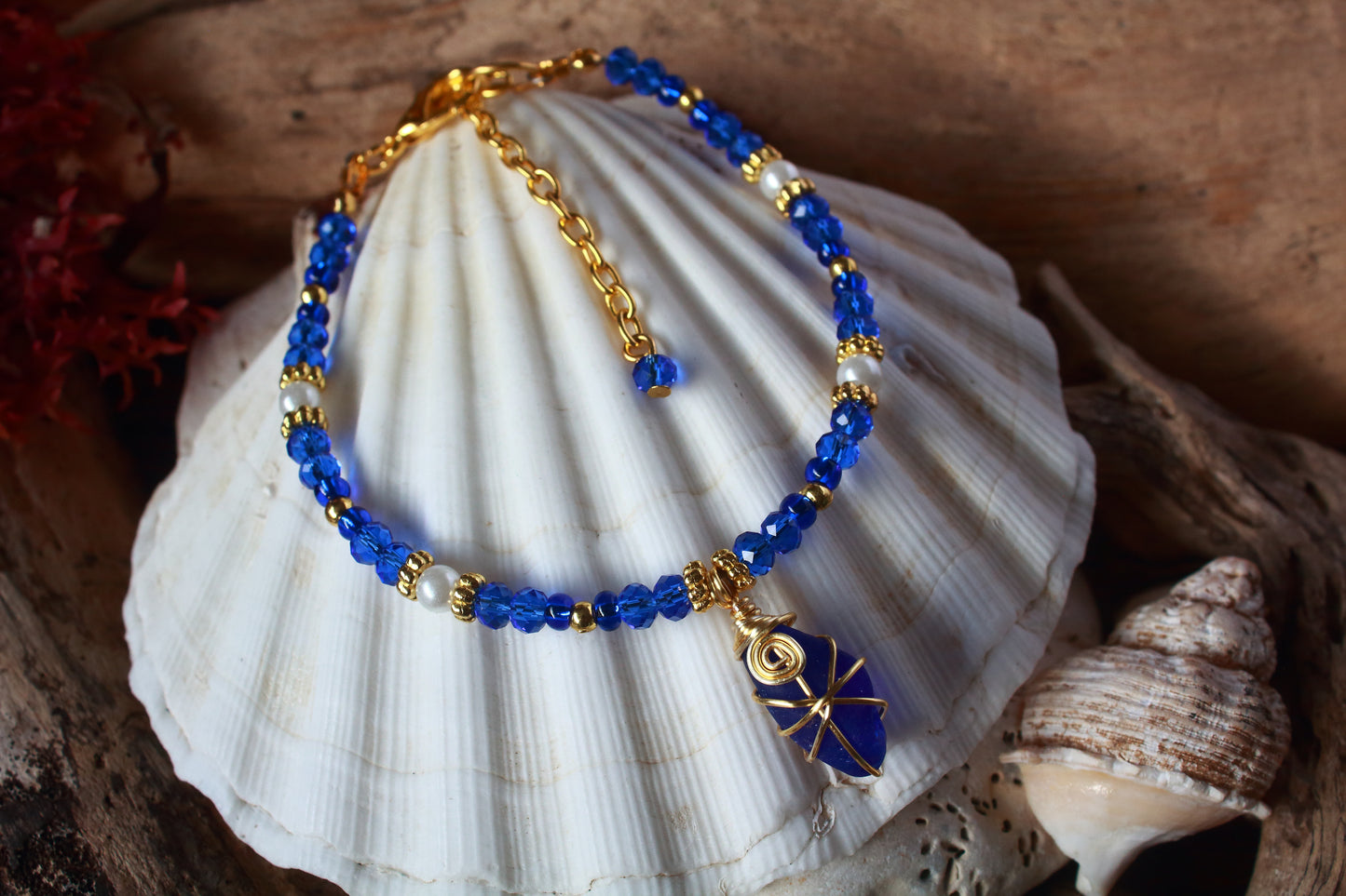 Sapphire Blue Beaded Pearl Sea Glass Gold Bracelet