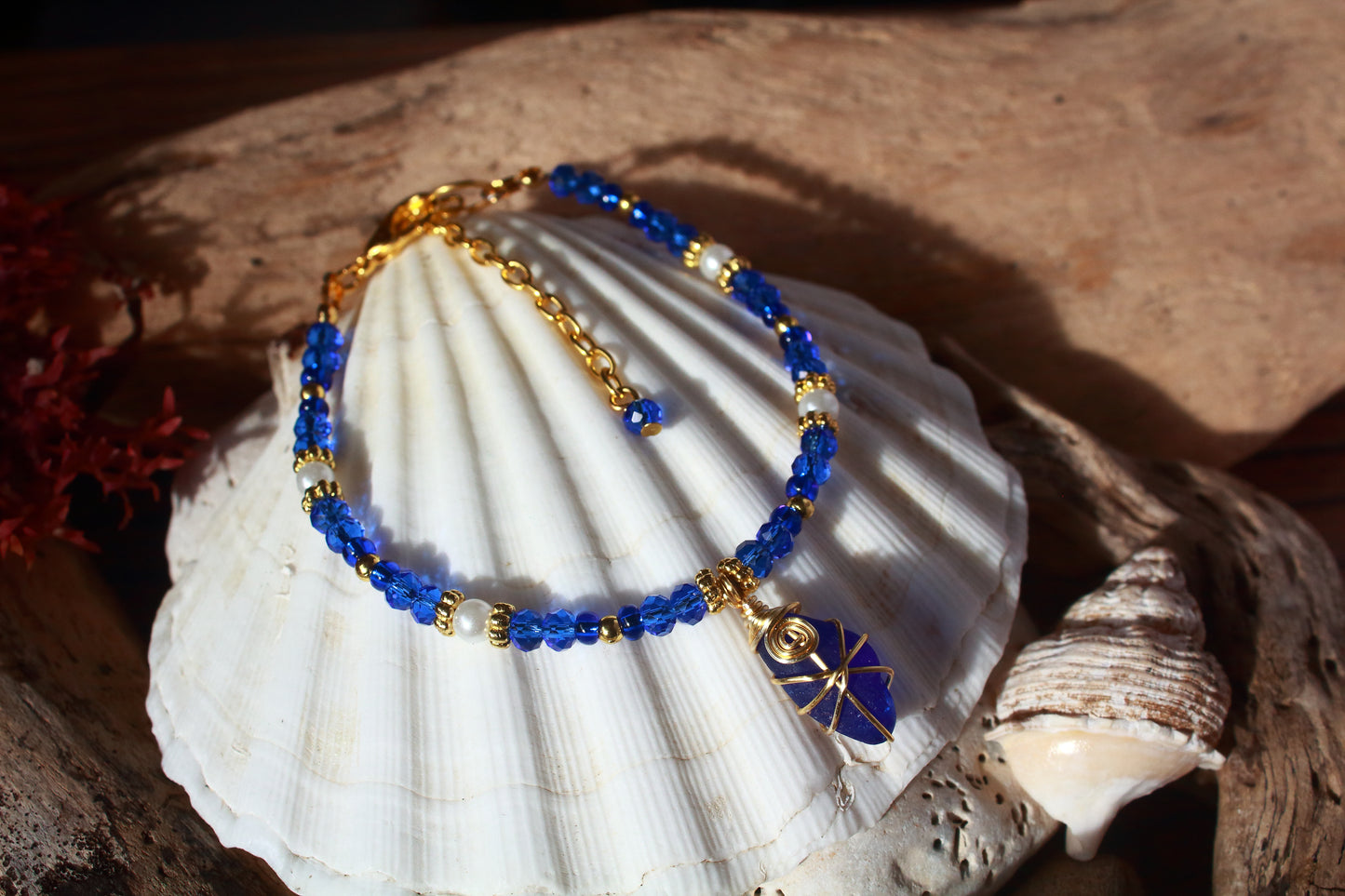 Sapphire Blue Beaded Pearl Sea Glass Gold Bracelet