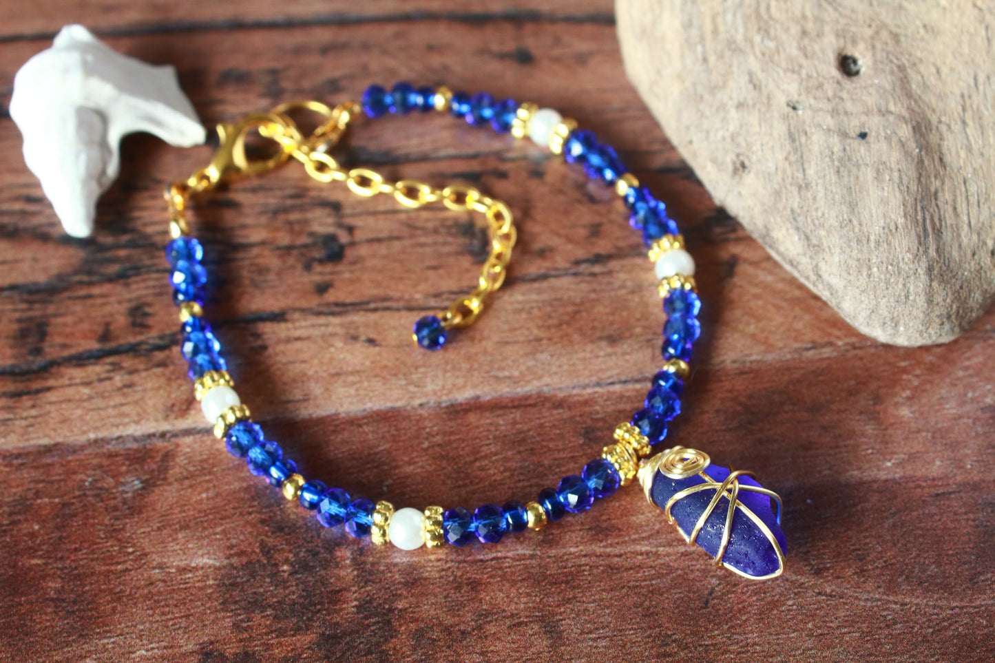 Sapphire Blue Beaded Pearl Sea Glass Gold Bracelet