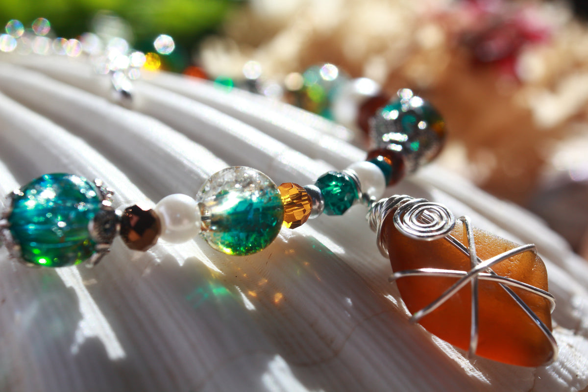 Teal Brown Beaded Sea Glass Bracelet , Boho Irish Sea Glass Jewellery
