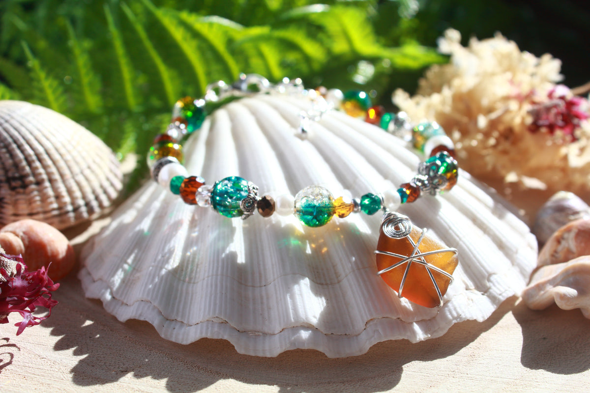 Teal Brown Beaded Sea Glass Bracelet , Boho Irish Sea Glass Jewellery