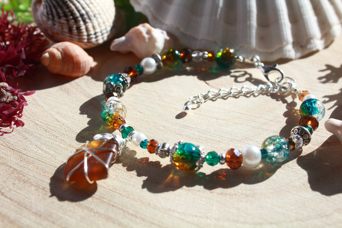 Teal Brown Beaded Sea Glass Bracelet , Boho Irish Sea Glass Jewellery