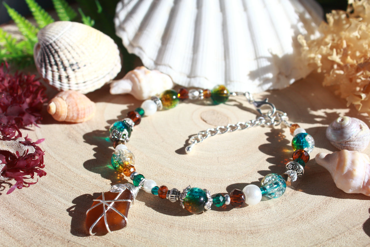 Teal Brown Beaded Sea Glass Bracelet , Boho Irish Sea Glass Jewellery