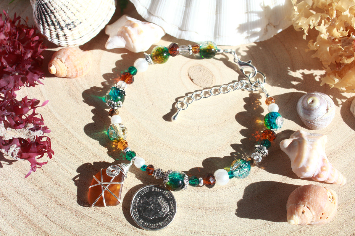 Teal Brown Beaded Sea Glass Bracelet , Boho Irish Sea Glass Jewellery