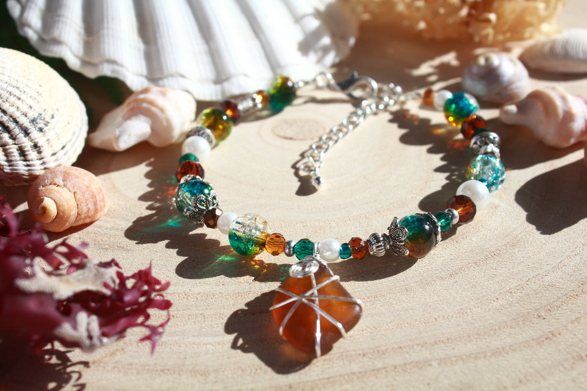 Teal Brown Beaded Sea Glass Bracelet , Boho Irish Sea Glass Jewellery