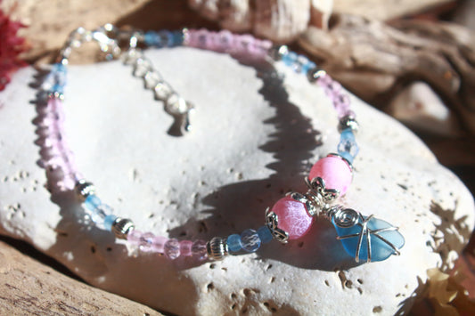 Pink & Blue Irish Sea Glass Beaded Bracelet, Spring Cherry Blossom Inspired