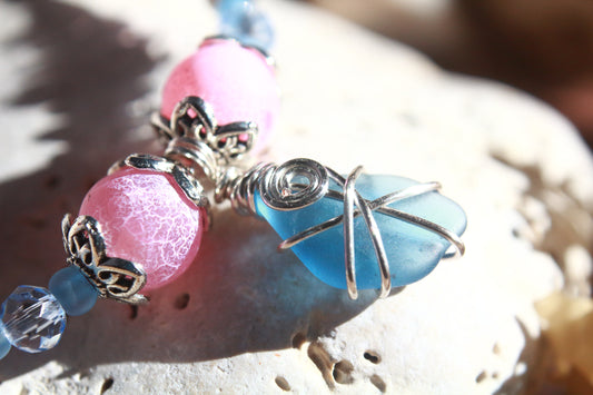 Pink & Blue Irish Sea Glass Beaded Bracelet, Spring Cherry Blossom Inspired