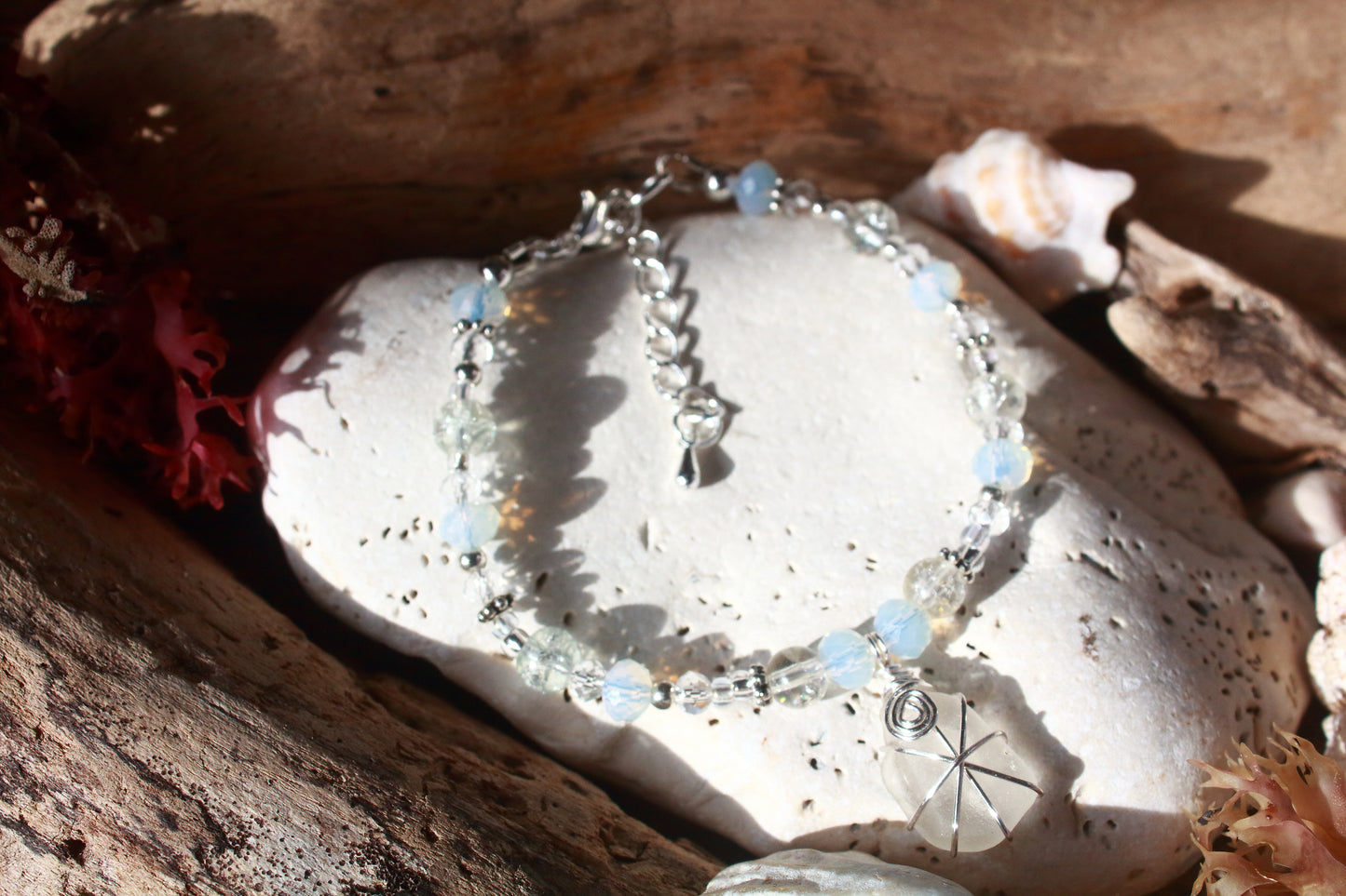 Crystal Beaded Sea Glass Silver Bracelet