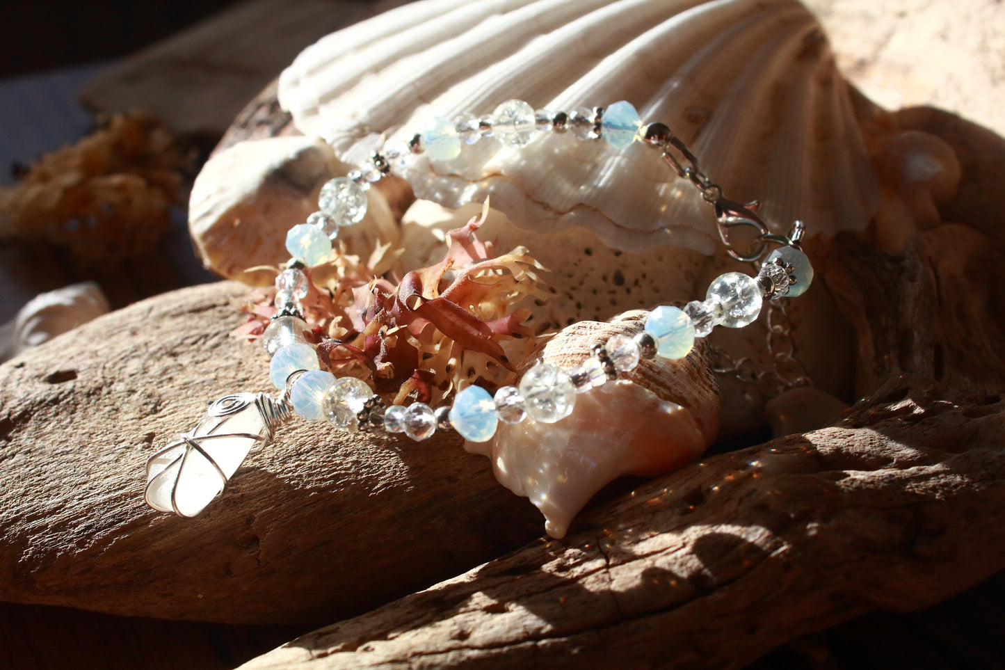 Crystal Beaded Sea Glass Silver Bracelet