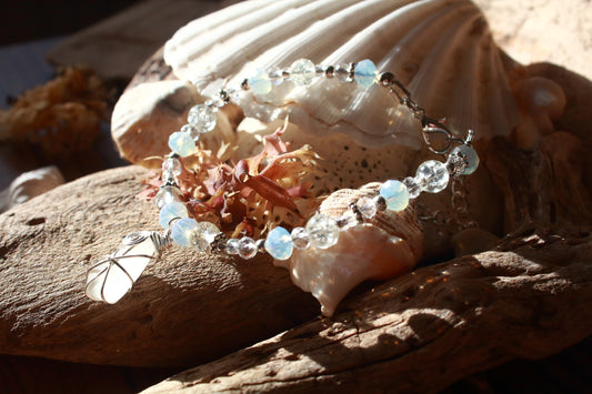 Crystal Beaded Sea Glass Silver Bracelet