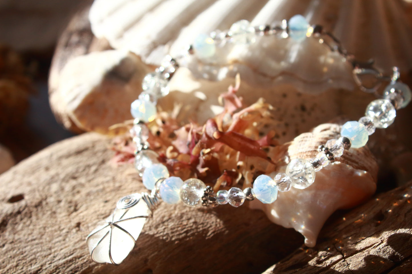 Crystal Beaded Sea Glass Silver Bracelet