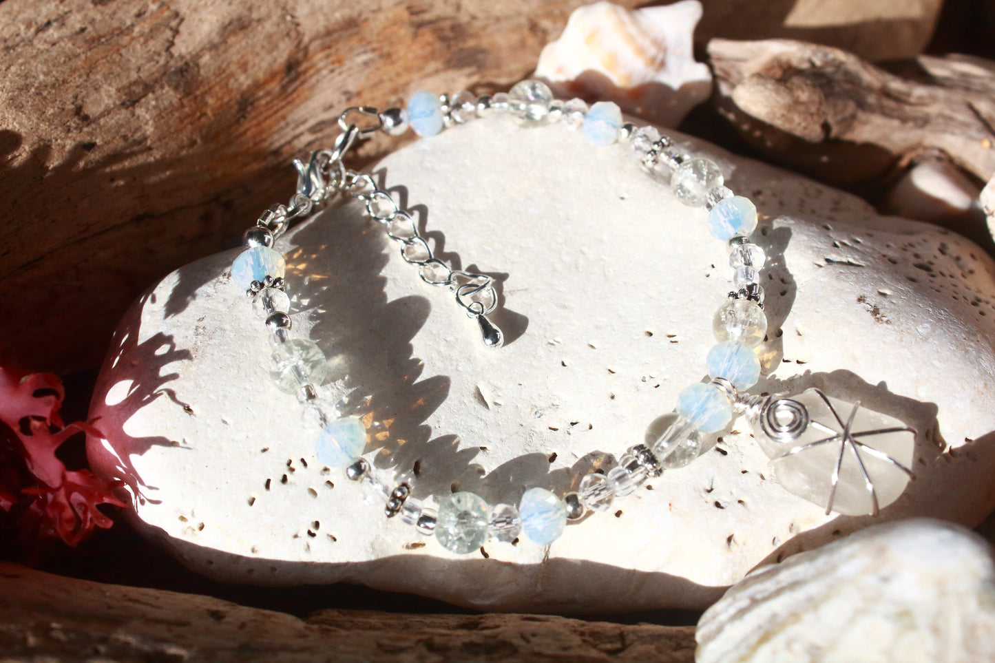 Crystal Beaded Sea Glass Silver Bracelet