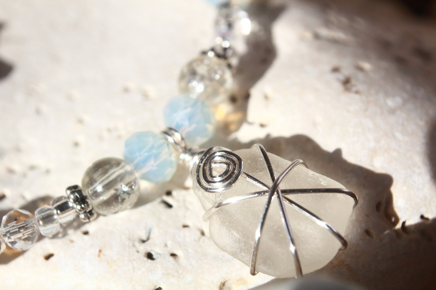 Crystal Beaded Sea Glass Silver Bracelet