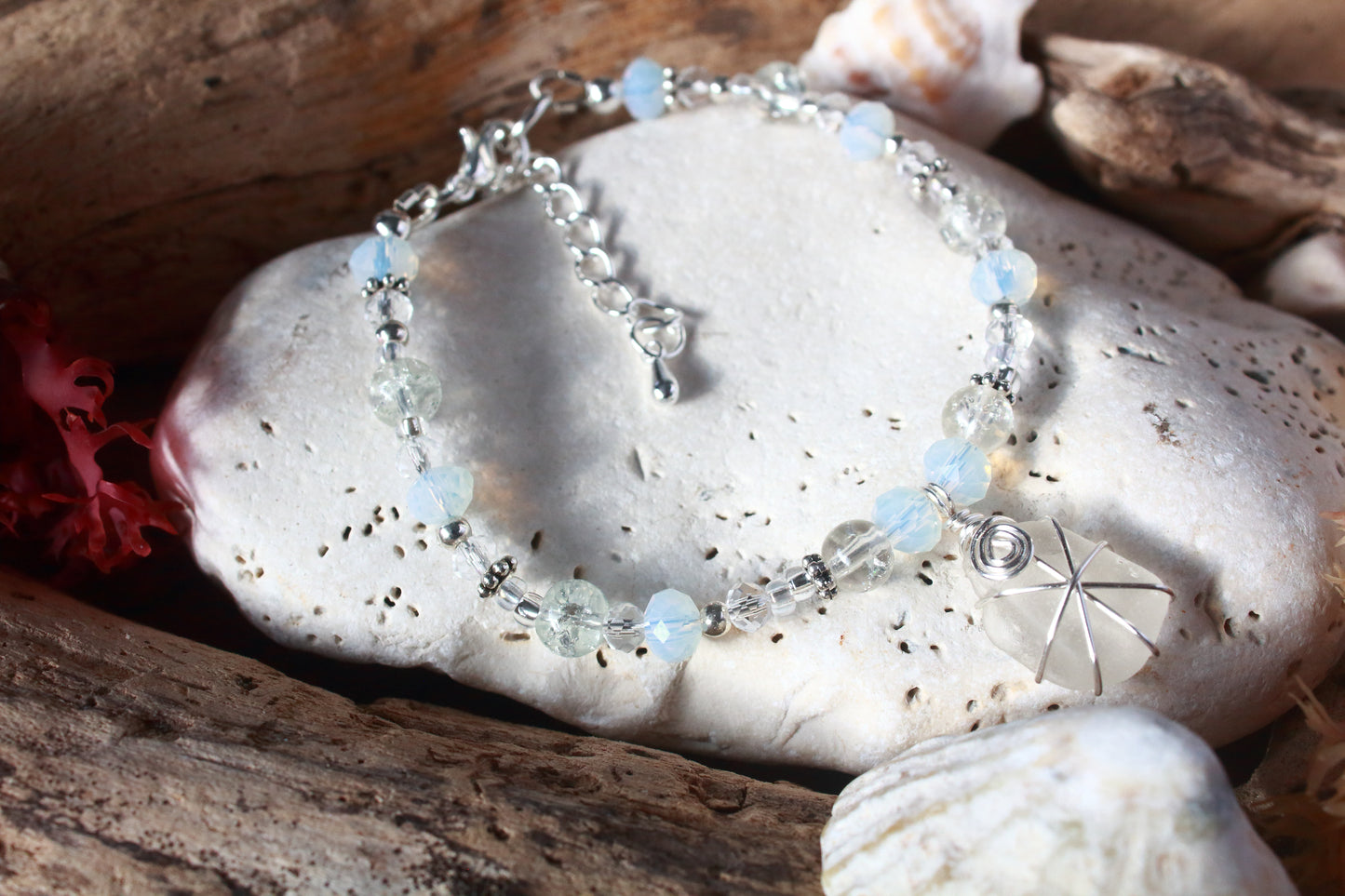 Crystal Beaded Sea Glass Silver Bracelet