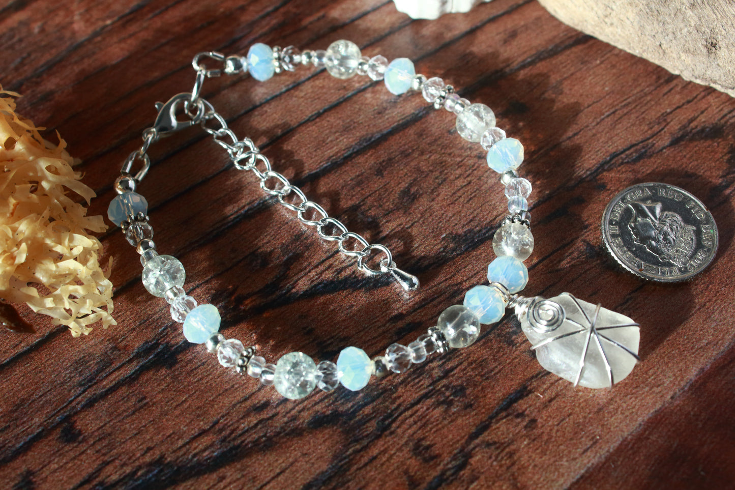 Crystal Beaded Sea Glass Silver Bracelet