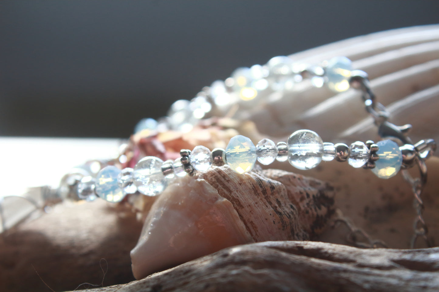 Crystal Beaded Sea Glass Silver Bracelet