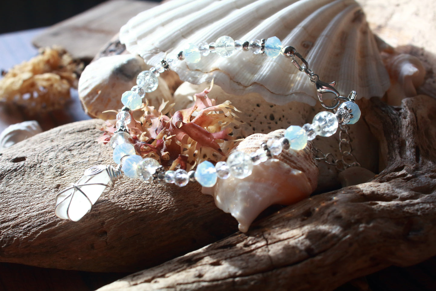 Crystal Beaded Sea Glass Silver Bracelet