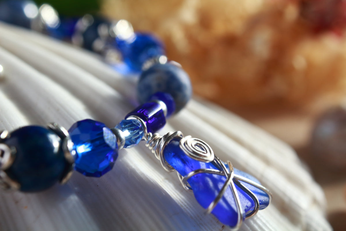 Dark Blue Beaded Sea Glass Bracelet , Boho Irish Sea Glass Jewellery