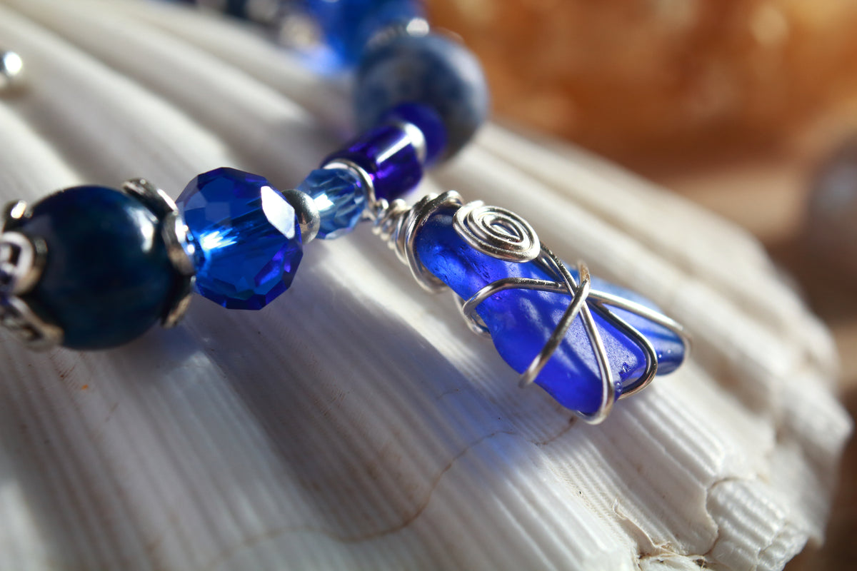 Dark Blue Beaded Sea Glass Bracelet , Boho Irish Sea Glass Jewellery