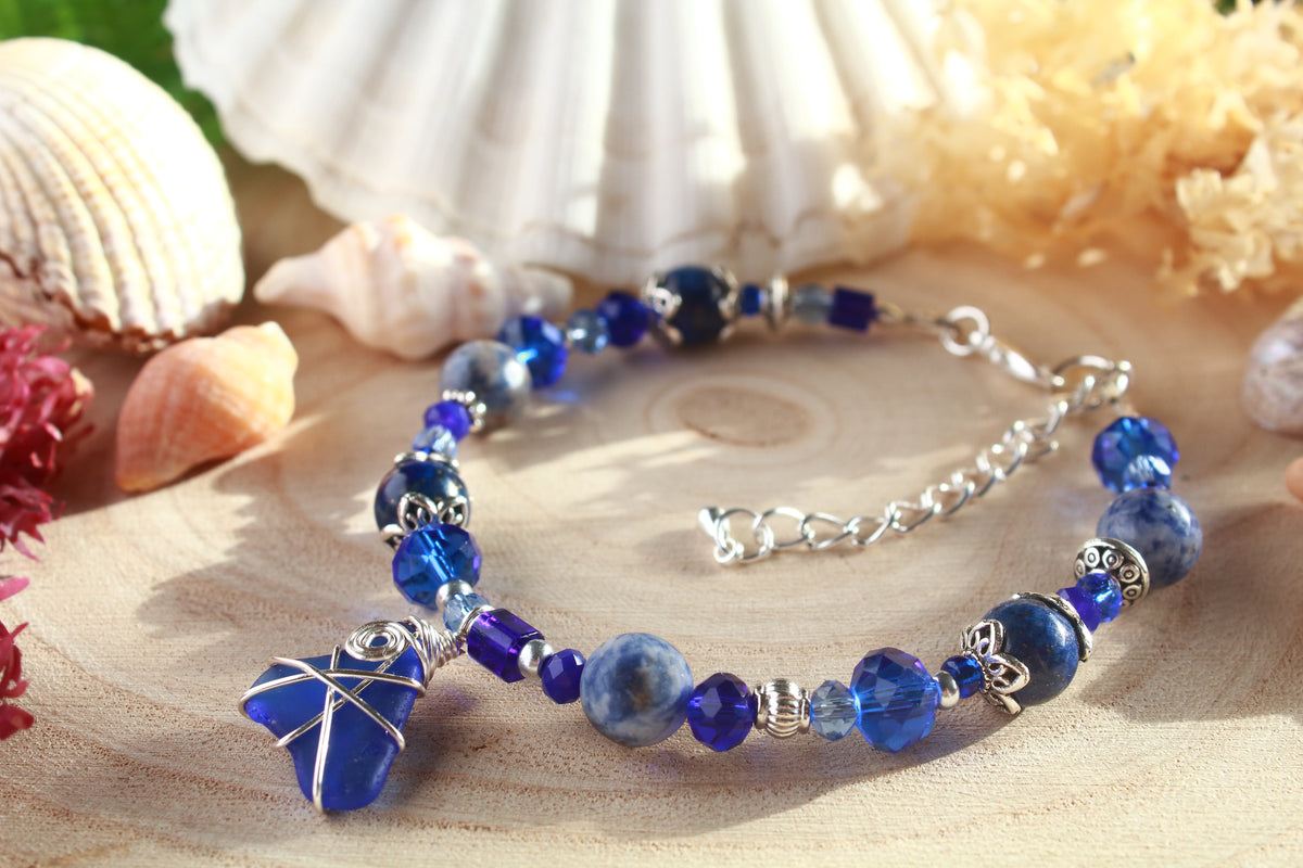 Dark Blue Beaded Sea Glass Bracelet , Boho Irish Sea Glass Jewellery