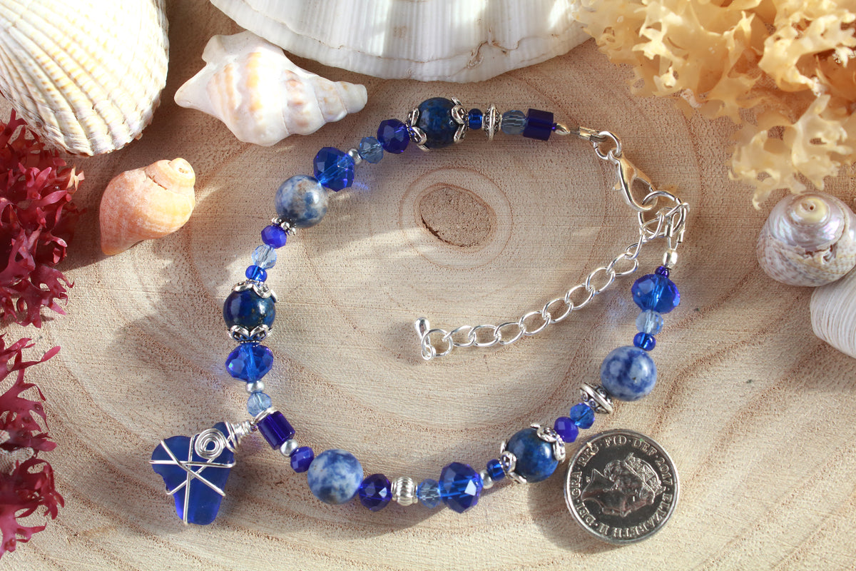 Dark Blue Beaded Sea Glass Bracelet , Boho Irish Sea Glass Jewellery