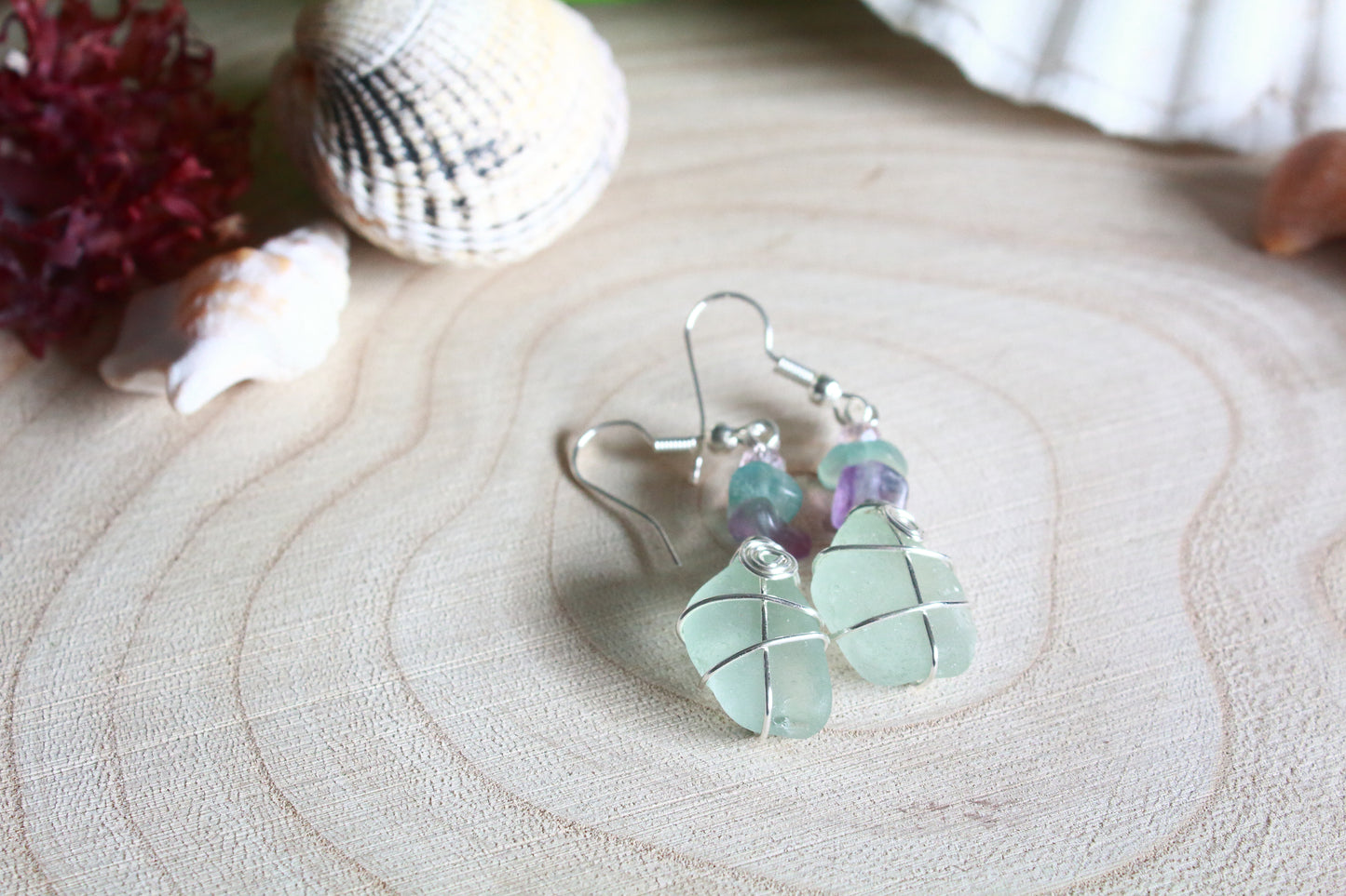 Rainbow Fluorite Seafoam Irish Sea Glass Beaded Earrings