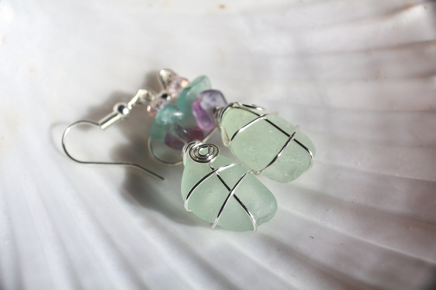 Rainbow Fluorite Seafoam Irish Sea Glass Beaded Earrings