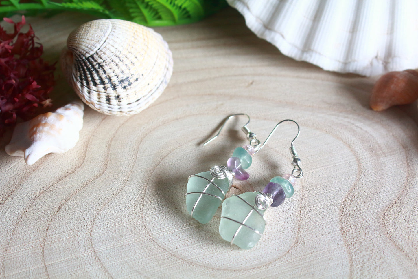 Rainbow Fluorite Seafoam Irish Sea Glass Beaded Earrings