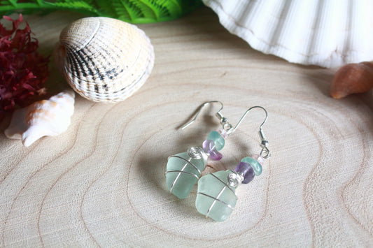 Rainbow Fluorite Seafoam Irish Sea Glass Beaded Earrings