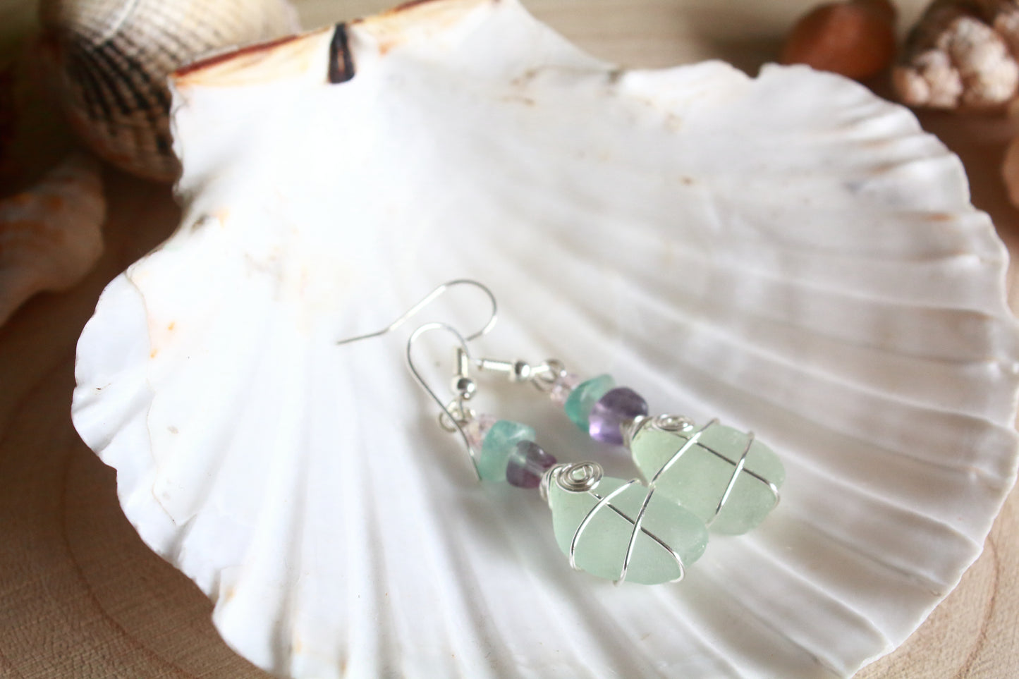 Rainbow Fluorite Seafoam Irish Sea Glass Beaded Earrings