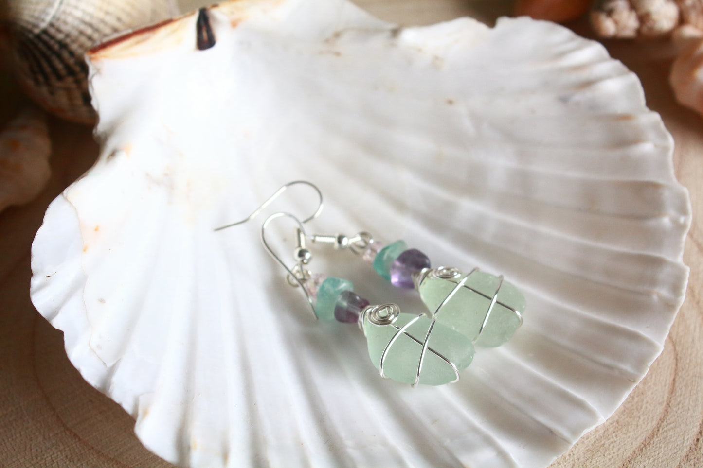 Rainbow Fluorite Seafoam Irish Sea Glass Beaded Earrings