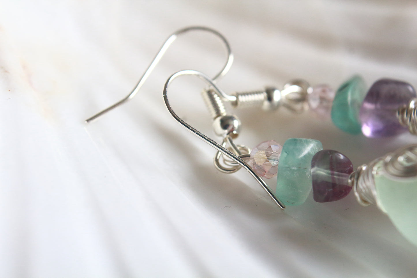 Rainbow Fluorite Seafoam Irish Sea Glass Beaded Earrings