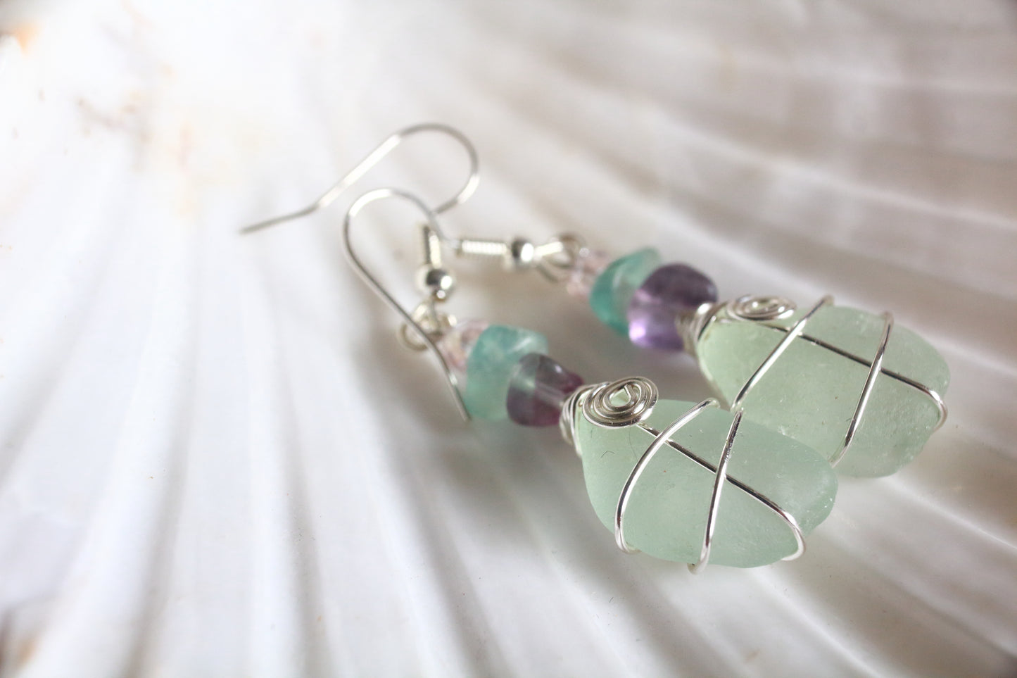 Rainbow Fluorite Seafoam Irish Sea Glass Beaded Earrings