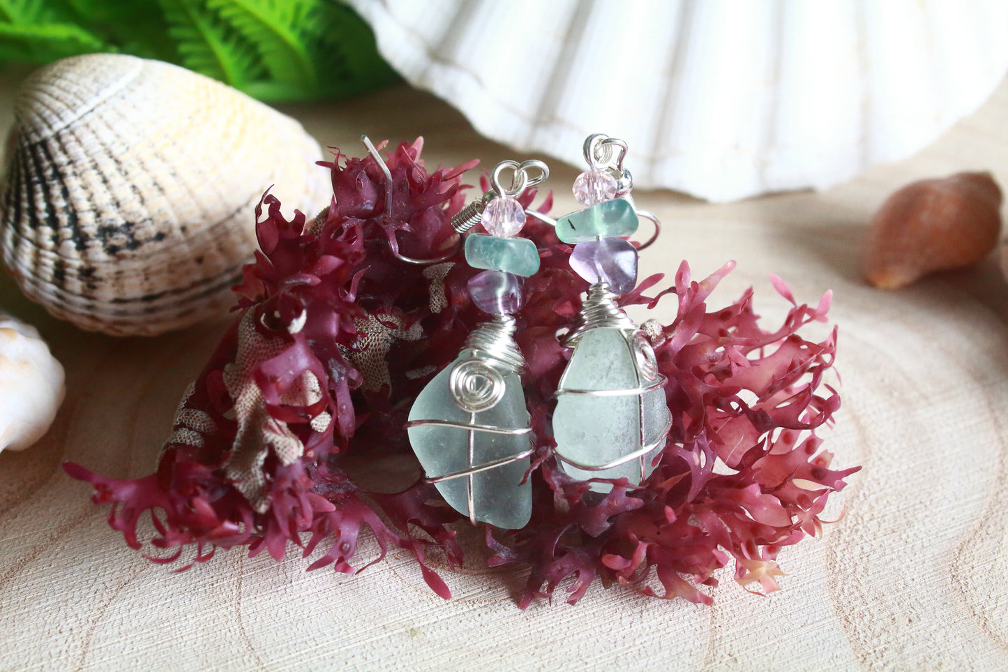 Rainbow Fluorite Seafoam Irish Sea Glass Beaded Earrings