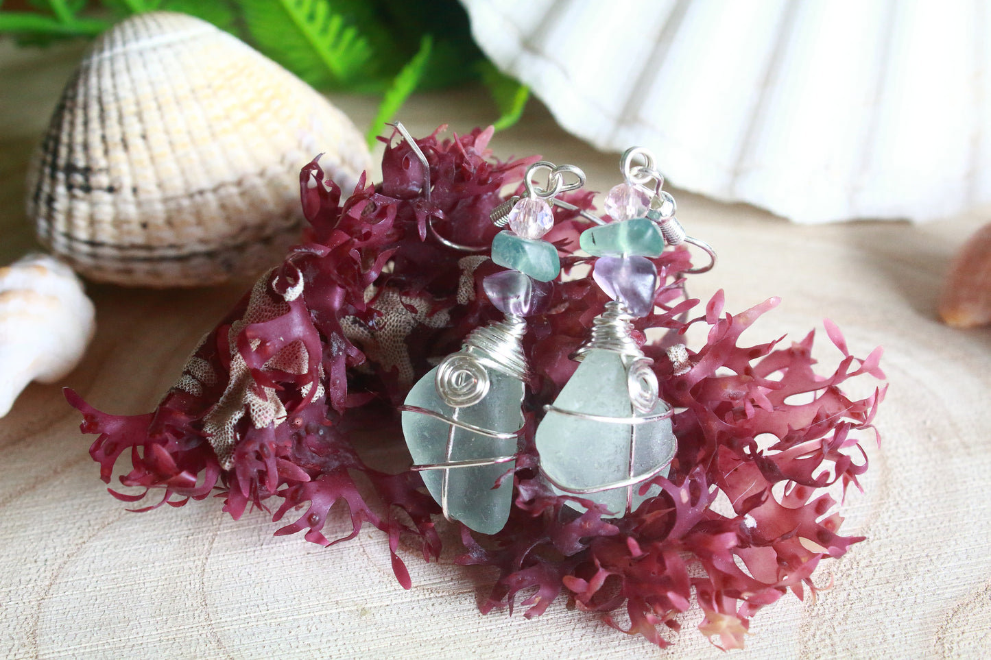 Rainbow Fluorite Seafoam Irish Sea Glass Beaded Earrings