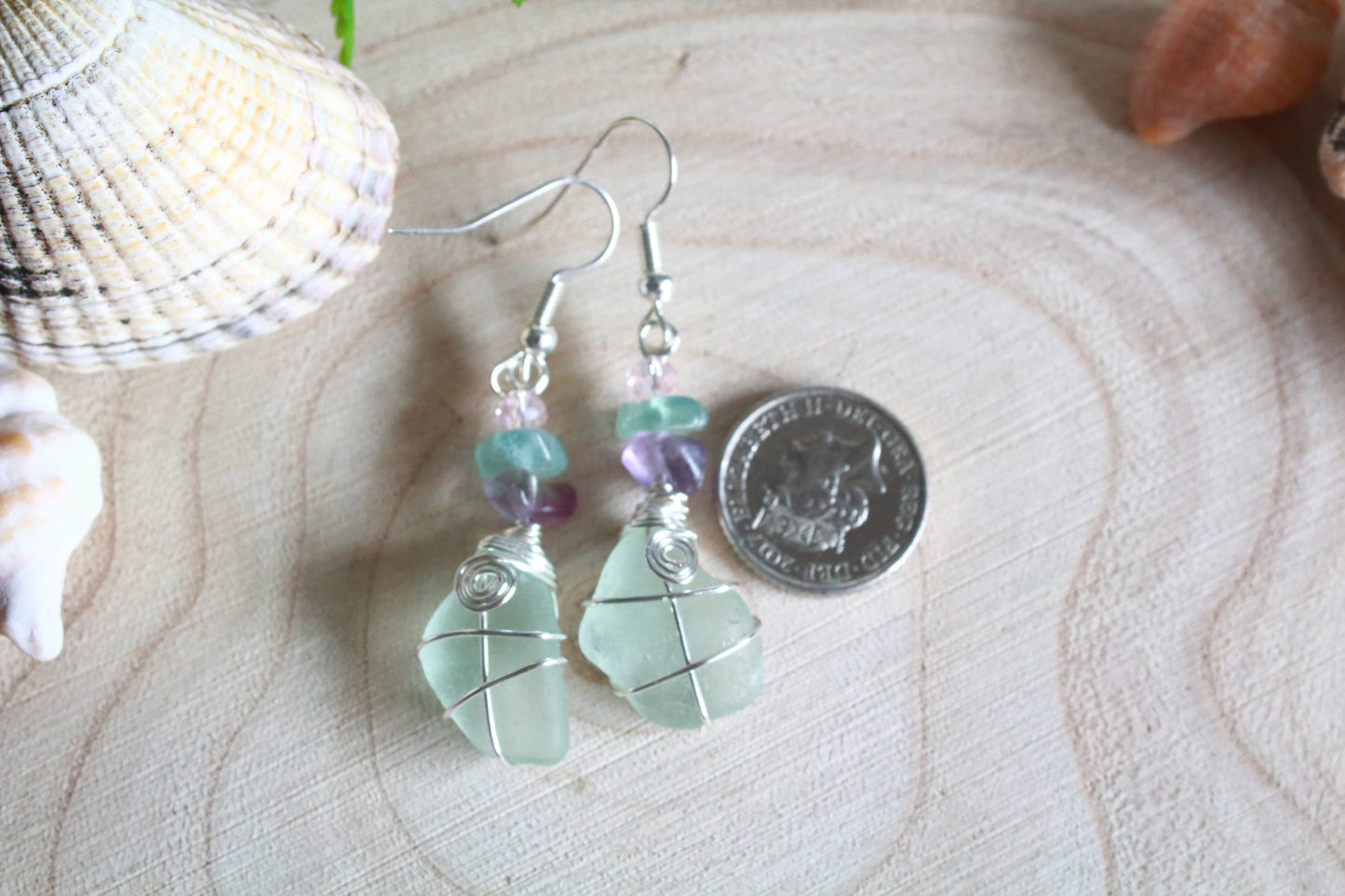 Rainbow Fluorite Seafoam Irish Sea Glass Beaded Earrings