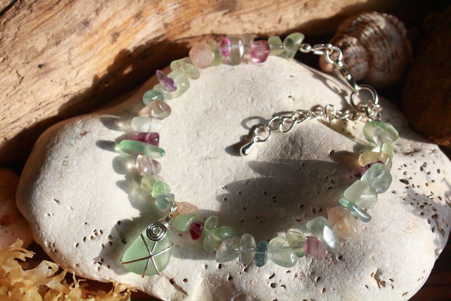Rainbow Fluorite Irish Sea Glass Bracelet