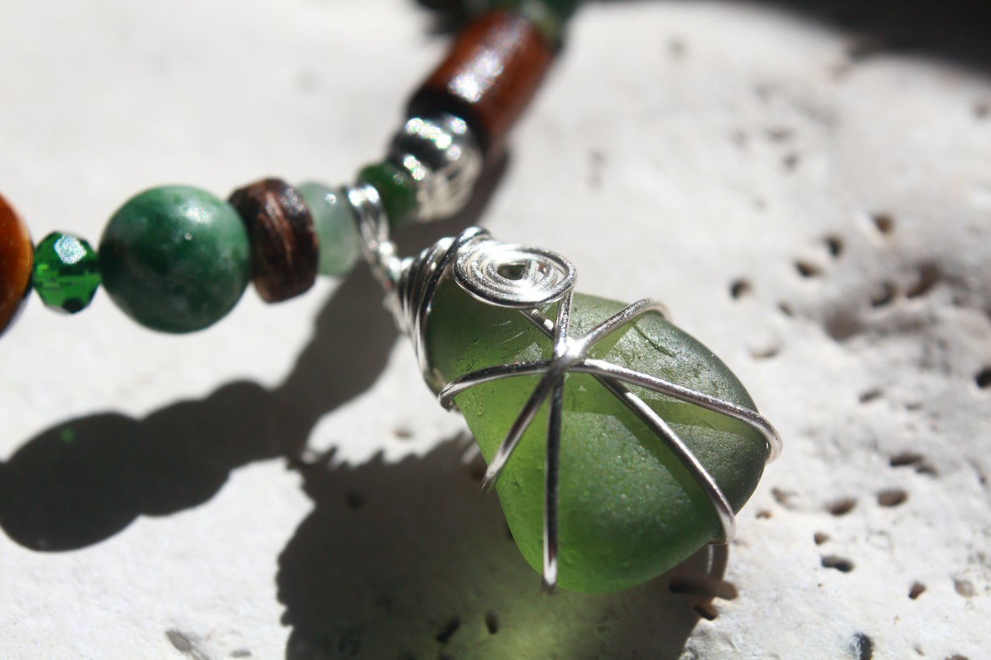 Forest Green and Brown Irish Sea Glass Beaded Bracelet
